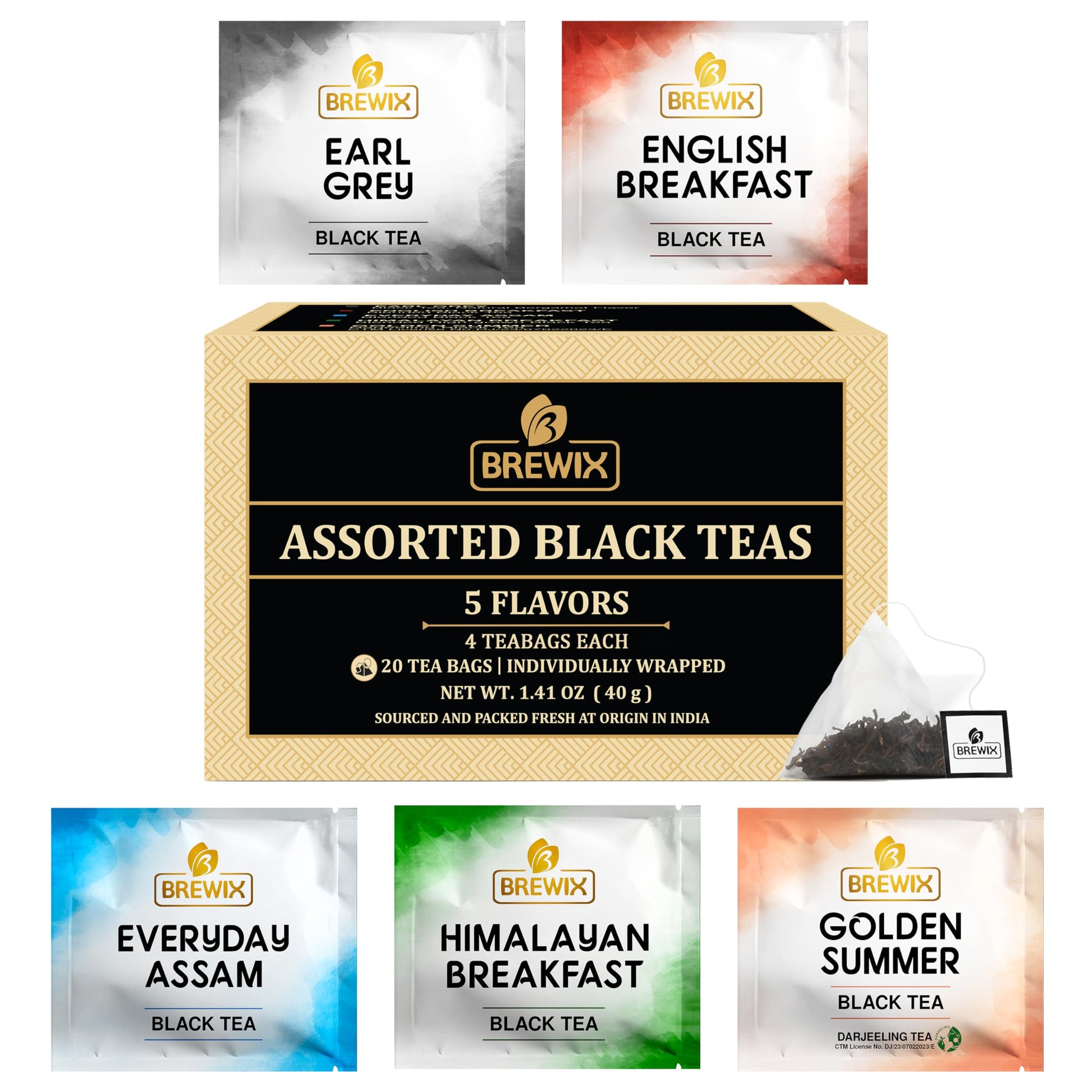 Brewix Top-High Standardssorted Black Tea Sampler Gift Box With 5 Flavors (20 Pyramid Indivdidually Wrapperd Tea Bags) | Tea Gift Set & Variety Pack | Gifts For Women & Men  Tea Set