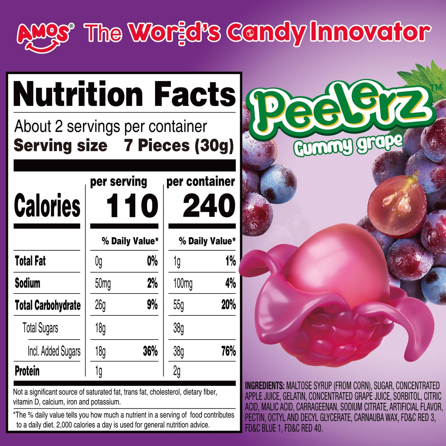 Amos Peelable Gummy Grape, Peelerz Gummy Grape Peeling Candy,Resealable 2.19Oz Bag Fruit Gummies(Pack Of 3)