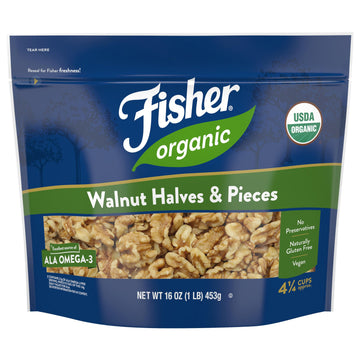 Fisher Organic Walnut Halves & Pieces 16 oz  USDA Certified Organic Nuts  Unsalted California Grown  Non-GMO  No Preservatives  Walnuts for Baking & Cooking  Healthy Snacks for mature-themeds  Resealable Bag