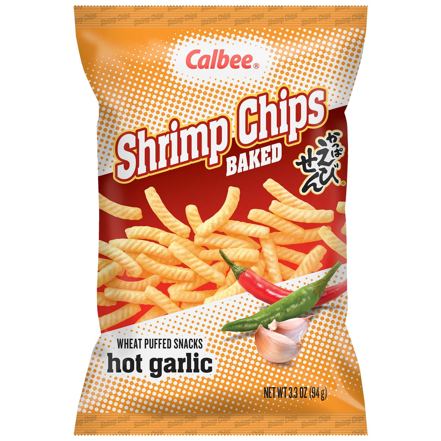 Calbee Shrimp Chips, Hot Garlic Flavor, 12 Pack, 4.0 oz Total, Baked Crunchy Snack
