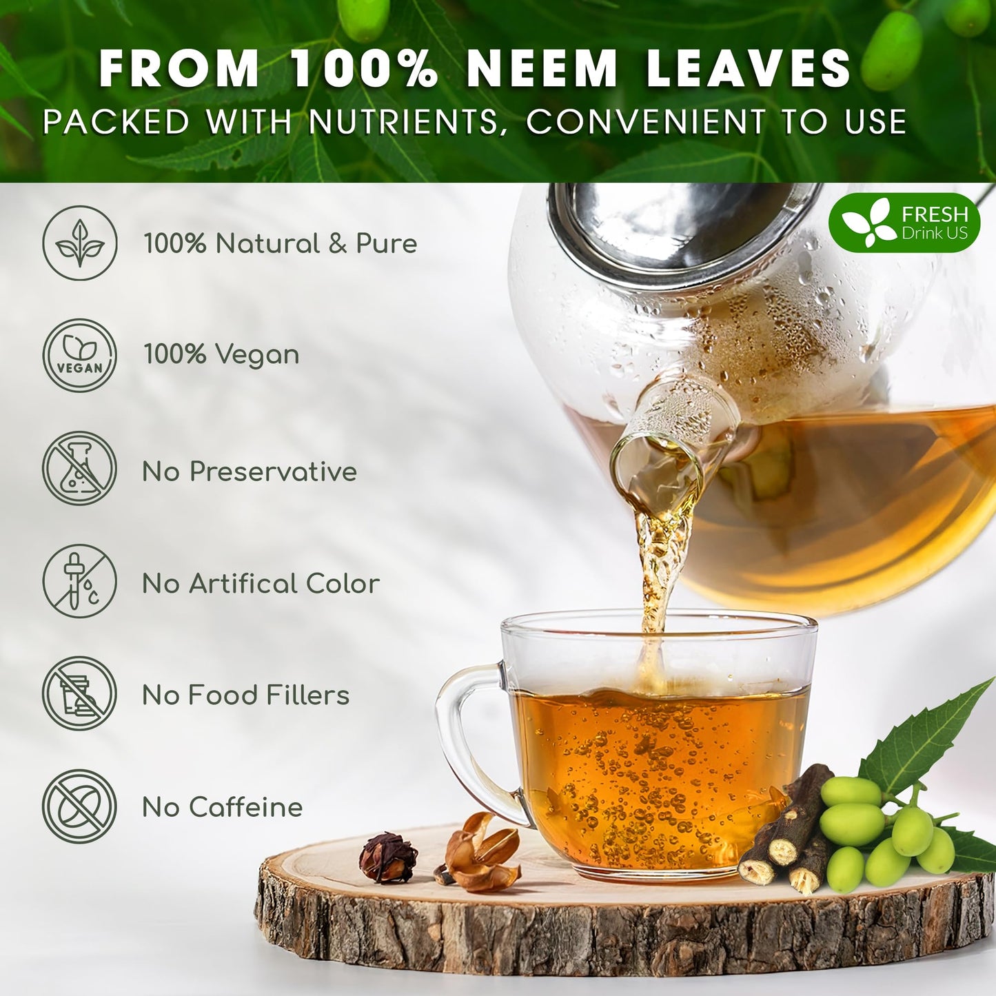 Freshdrinkus, Enhanced 33 Neem Leaf Tea Bags, 100% Natural And Pure From Neem Leaves. Herbal Tea. No Sugar, No Caffeine, No Gluten, Vegan.
