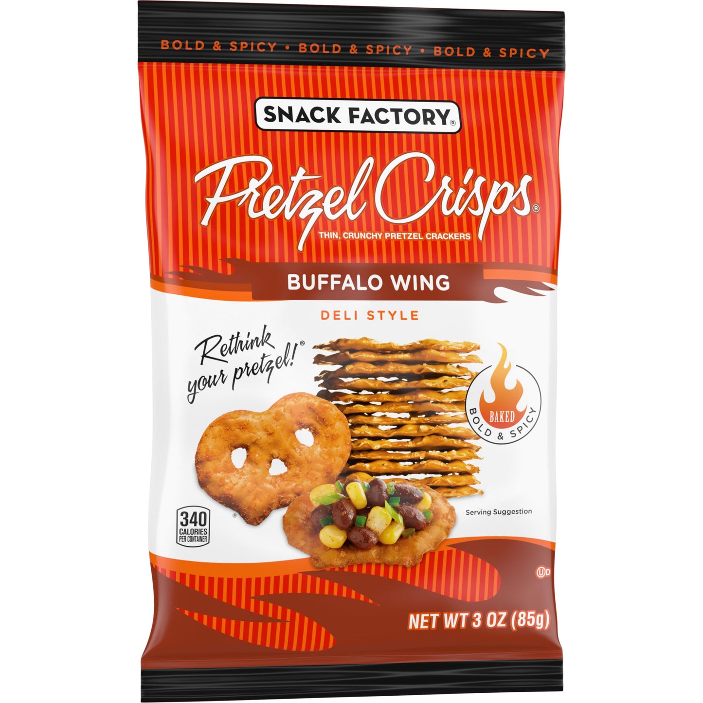 Snack Factory Pretzel Crisps, Buffalo Wing, On-the-Go Bag, 3 Oz (Pack of 8)