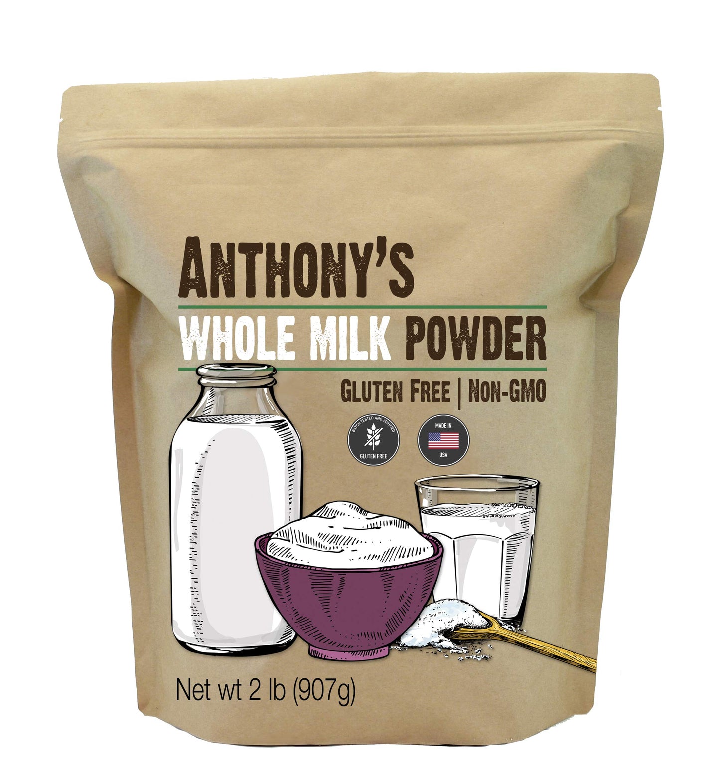 Anthonys Whole Milk Powder  2 lb  Gluten Free  Non GMO  Made in USA