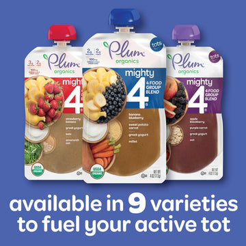 Plum Organics Baby Food Pouch | Mighty 4 | Sweet Potato Blueberry Millet Greek Yogurt | 4 Ounce | | Organic Food Squeeze For Bab