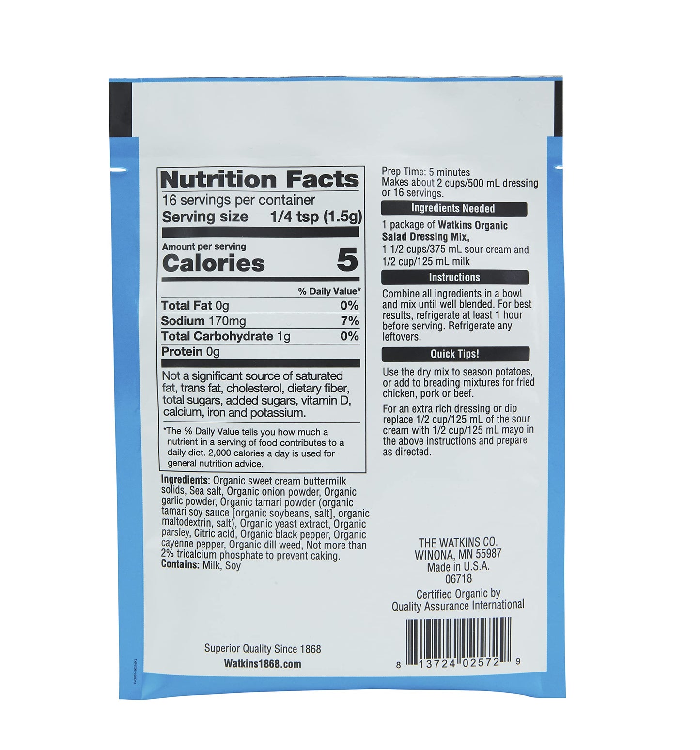 Watkins Organic Ranch Salad Dressing Mix, 0.85 oz. Packets, 12-Pack