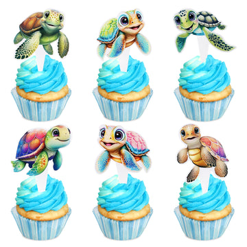 Ercadio 30 Pcs Double Sided Turtles Cupcake Toppers For Baby Happy Birthday Party Cake Sea Animals Baby Shower Party Picks For S
