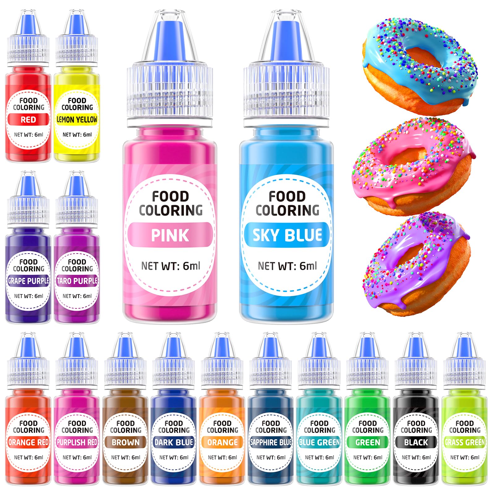 Food Coloring Cake Decorating Set - 16 Vibrant Color Food Grade Food Dye Liquid Edible Tasteless Concentrated Neon Icing Colors 