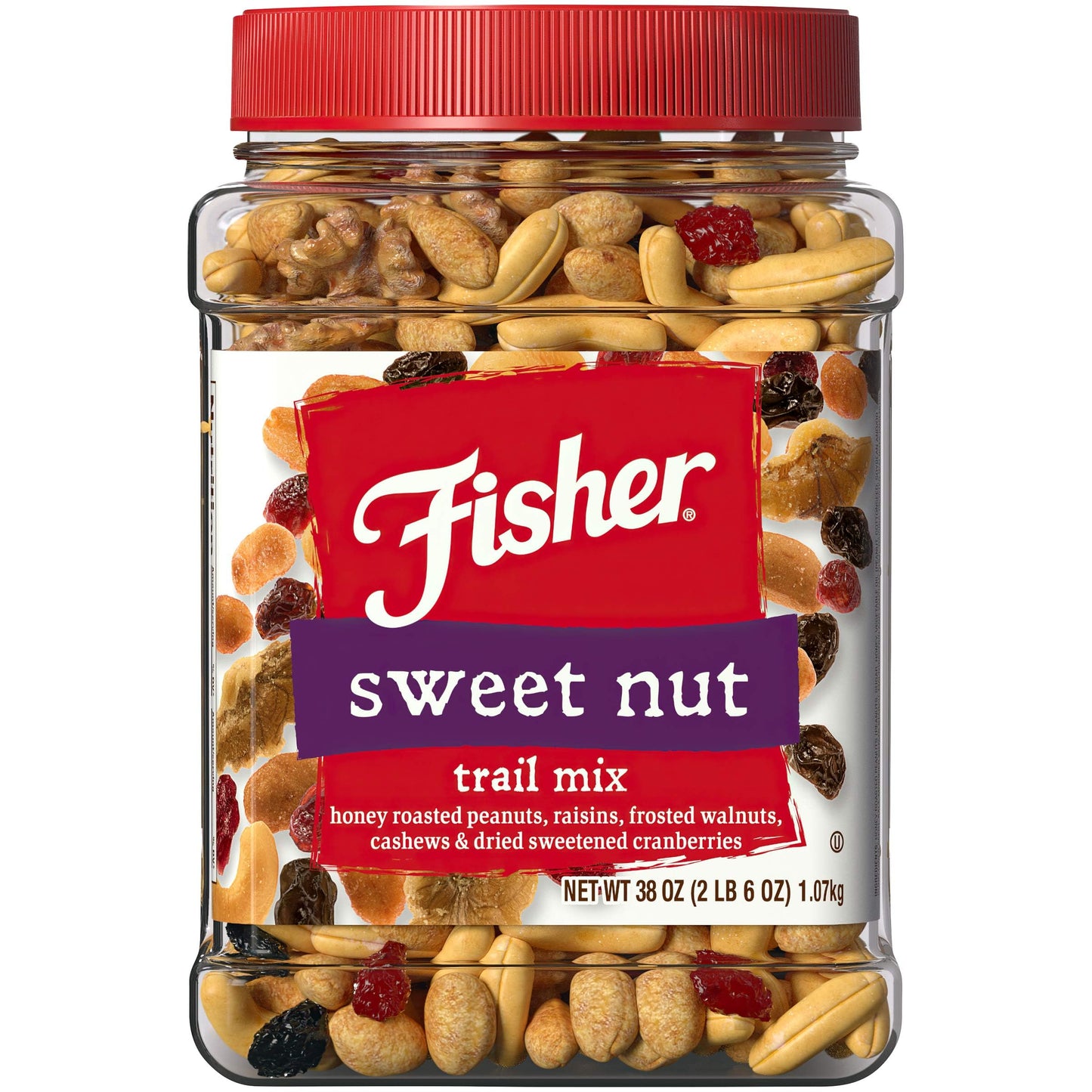 Fisher Snack Sweet Nut Trail Mix, 38 Ounce Jar, Honey Roasted Peanuts, Raisins, Frosted Walnuts, Cashews, Dried Cranberries