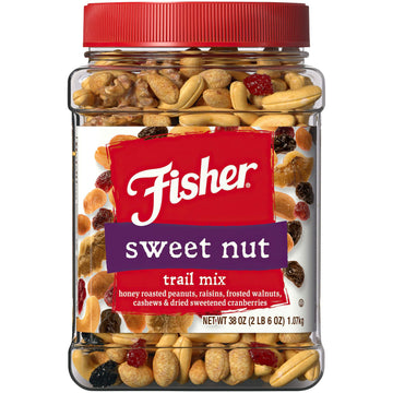 Fisher Snack Sweet Nut Trail Mix, 38 Ounce Jar, Honey Roasted Peanuts, Raisins, Frosted Walnuts, Cashews, Dried Cranberries