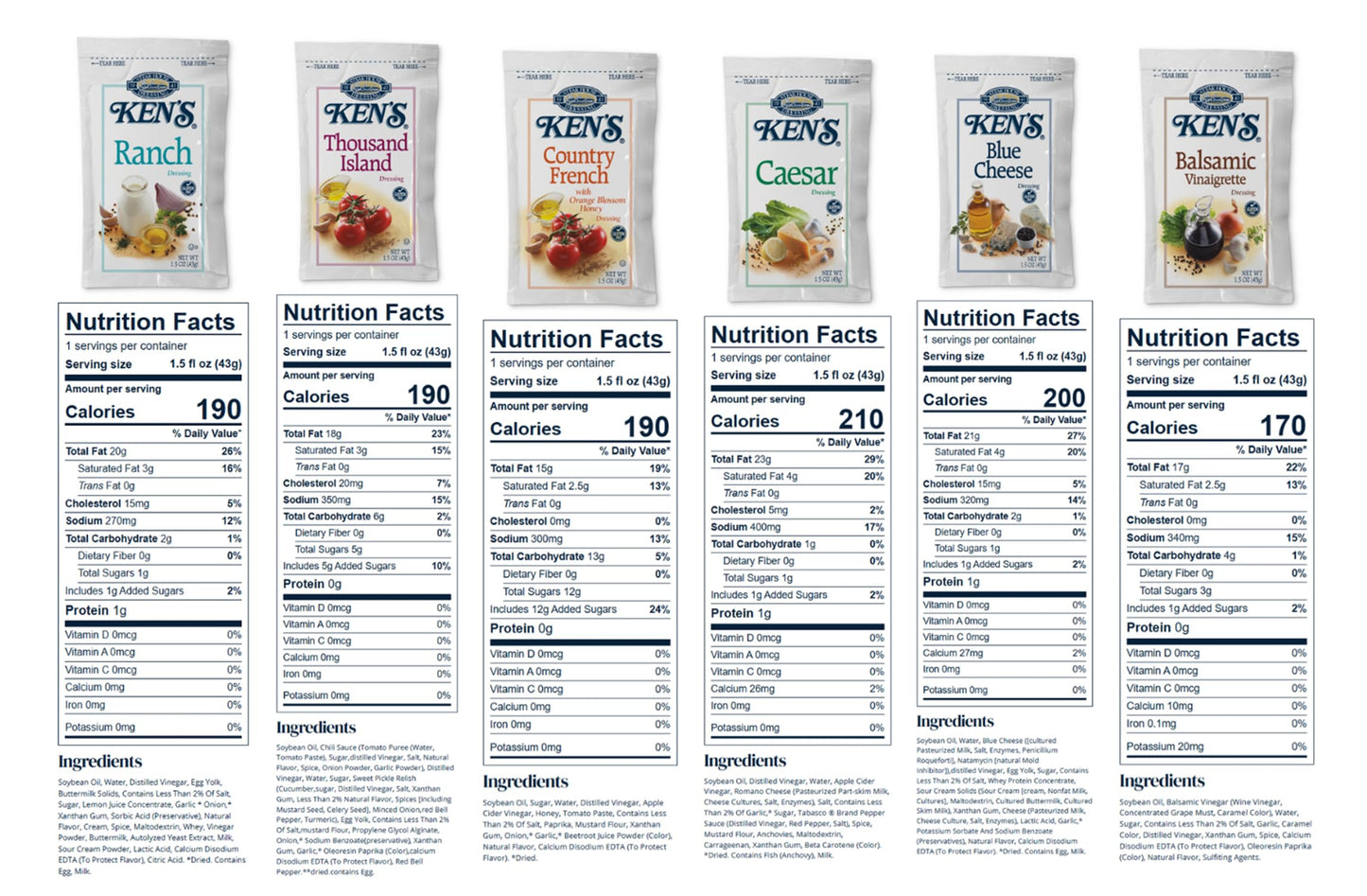 Salad Dressing Packets | 8 Flavors: Balsamic Vinaigrette, Blue Cheese, Caesar, Country French, Ranch, Golden Italian, Parmesan A