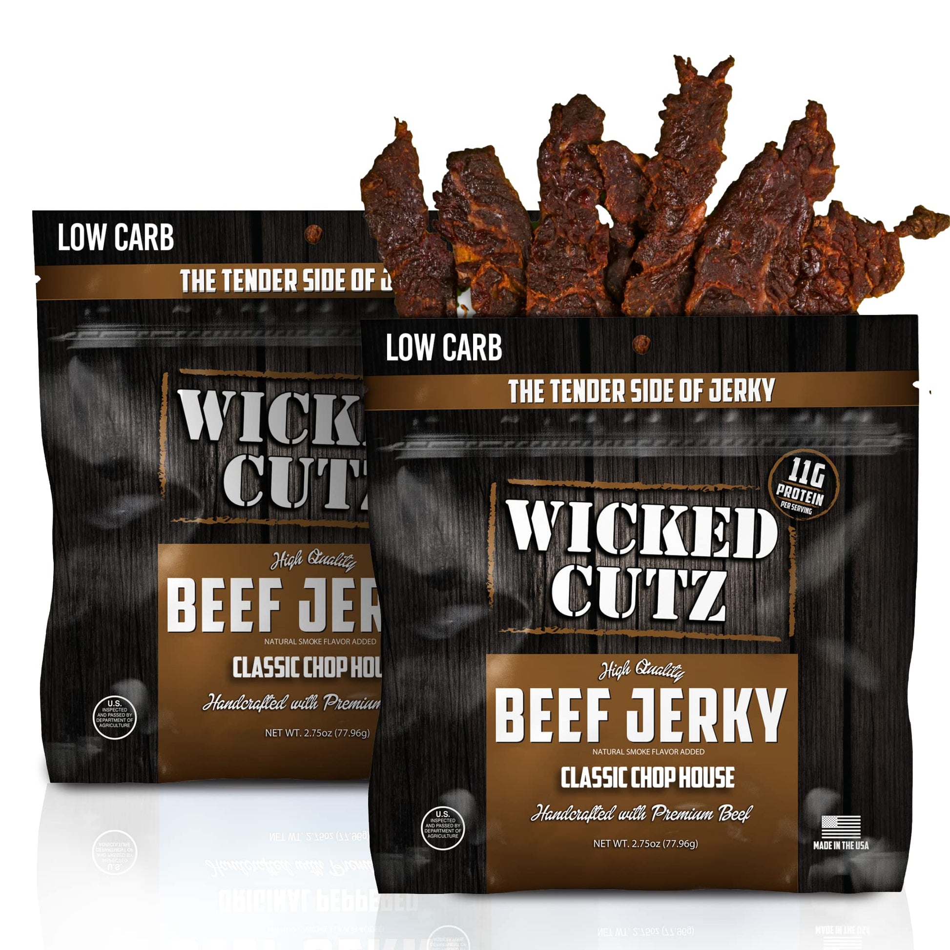 Wicked Cutz Classic Chop House Beef Jerky, Premium Low Carb Snack, 33g Protein, 2.75 oz (Pack of 2)