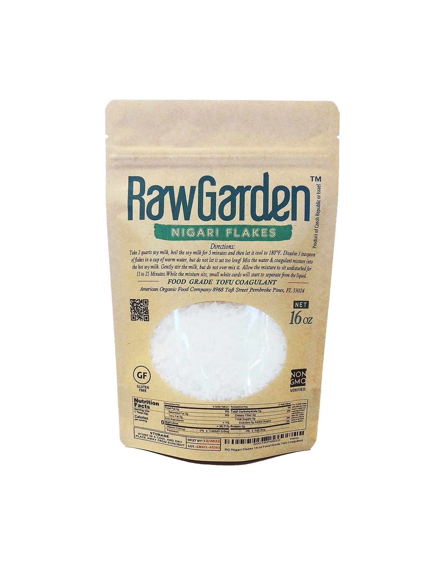 Raw Garden Nigari Flakes 16 oz Food Grade Tofu Coagulant, Product of Czech Republic, or Israel.
