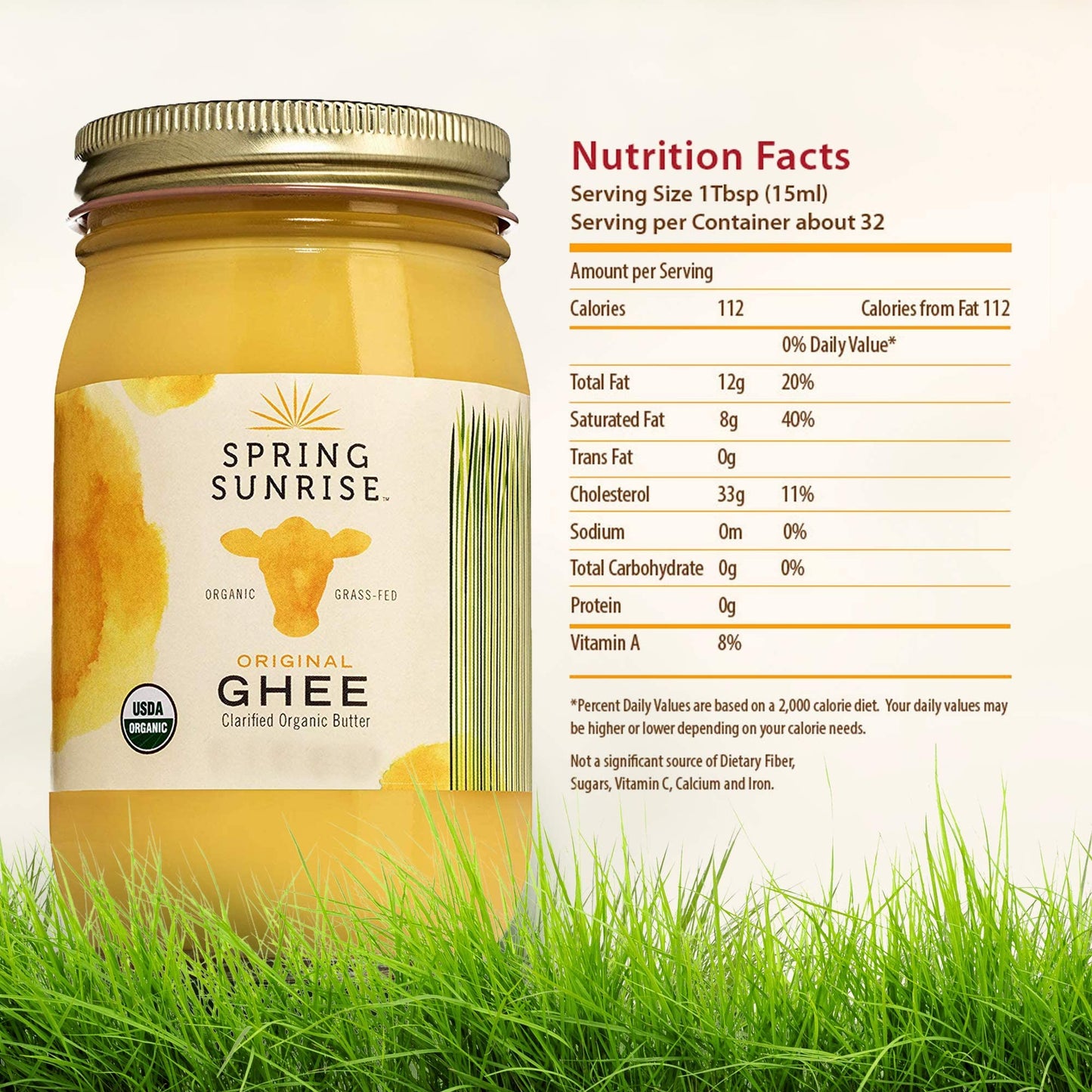 Spring Sunrise Organic Grass Fed Ghee Butter - USDA Certified Organic Clarified Butter - Paleo, Keto Friendly, Non-GMO, Gluten,