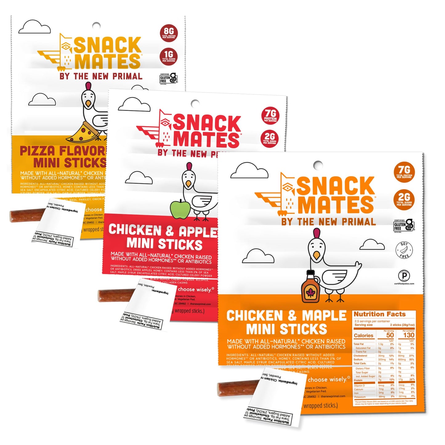 Snack Mates by New Primal Sampler Three Flavor Pack, Mini Chicken Sticks, High Protein and Low Sugar Kids Snack, Certified Glute
