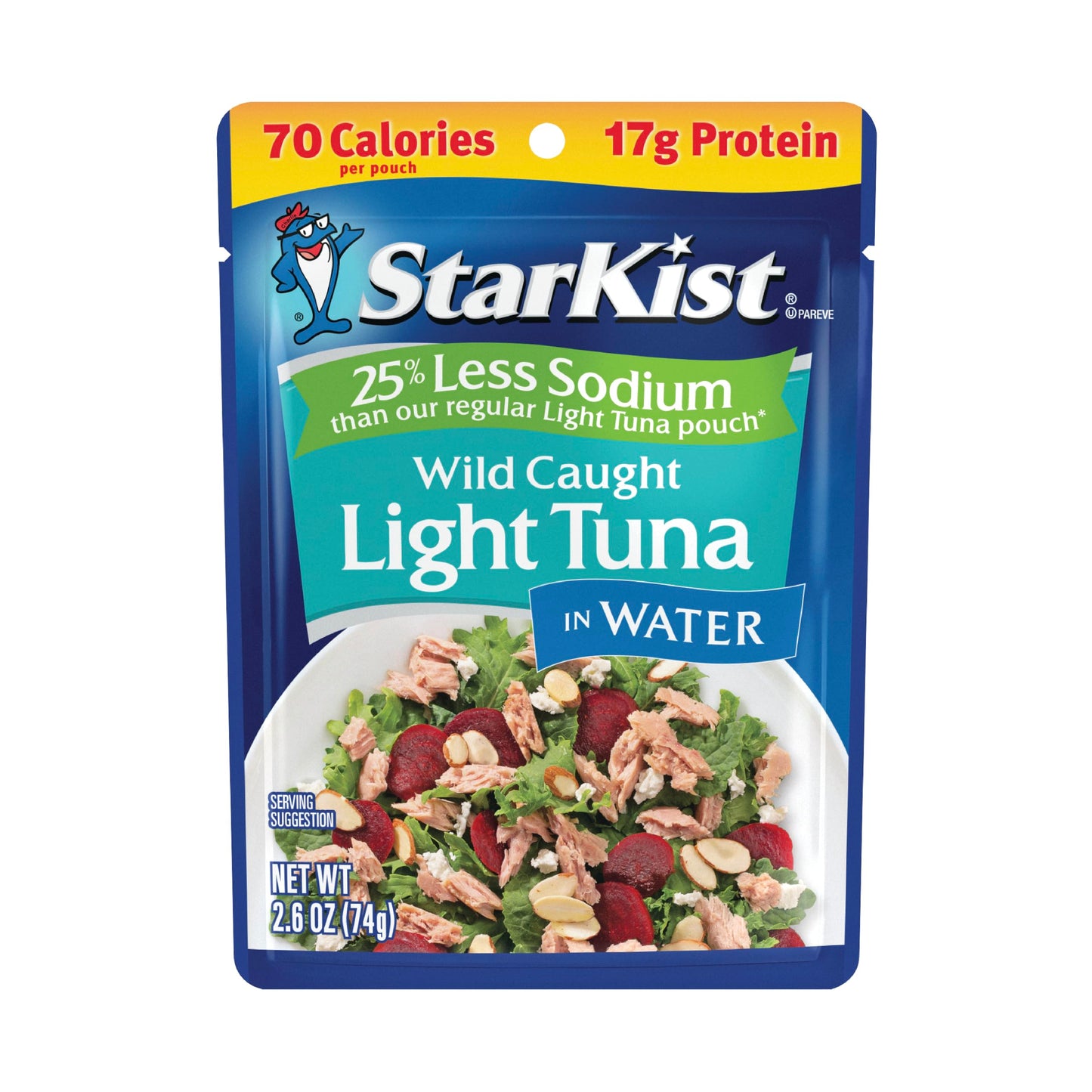 StarKist Reduced Sodium Chunk Light Tuna in Water, 2.6 oz Pouch (24 Pack) Ready to Eat Wild Caught Tuna, 17g Protein, Gluten Fre