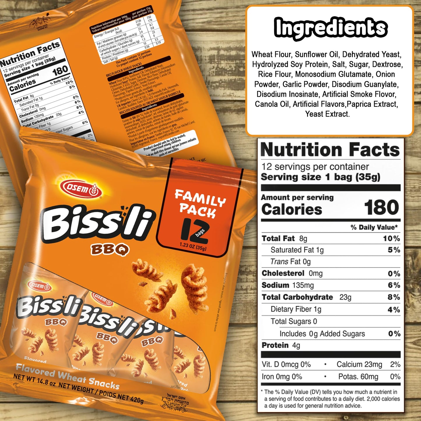 Osem Bissli Crunchy BBQ Wheat Snack, Kosher, 1.23oz Bags (Pack of 12)