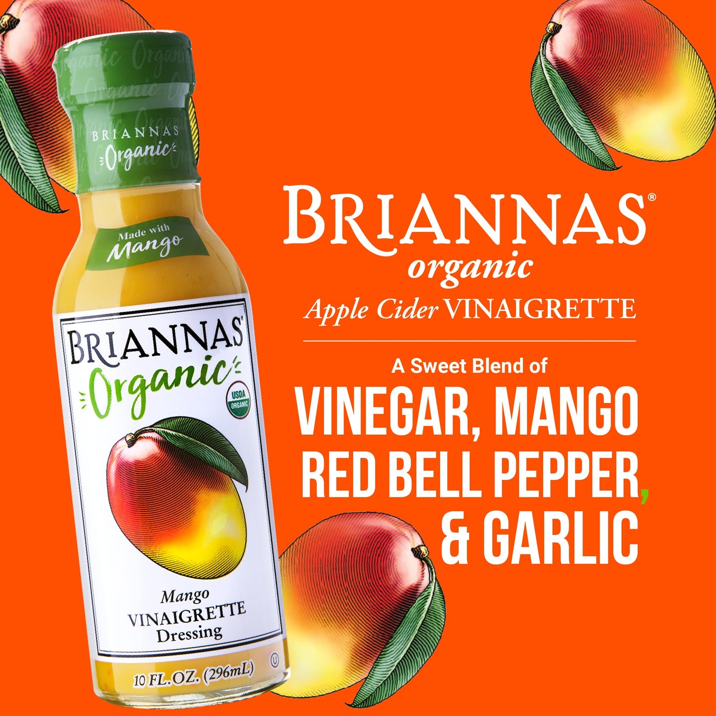 BRIANNAS Organic Mango Vinaigrette Dressing - Certified Organic - 10 Fl Oz Bottle