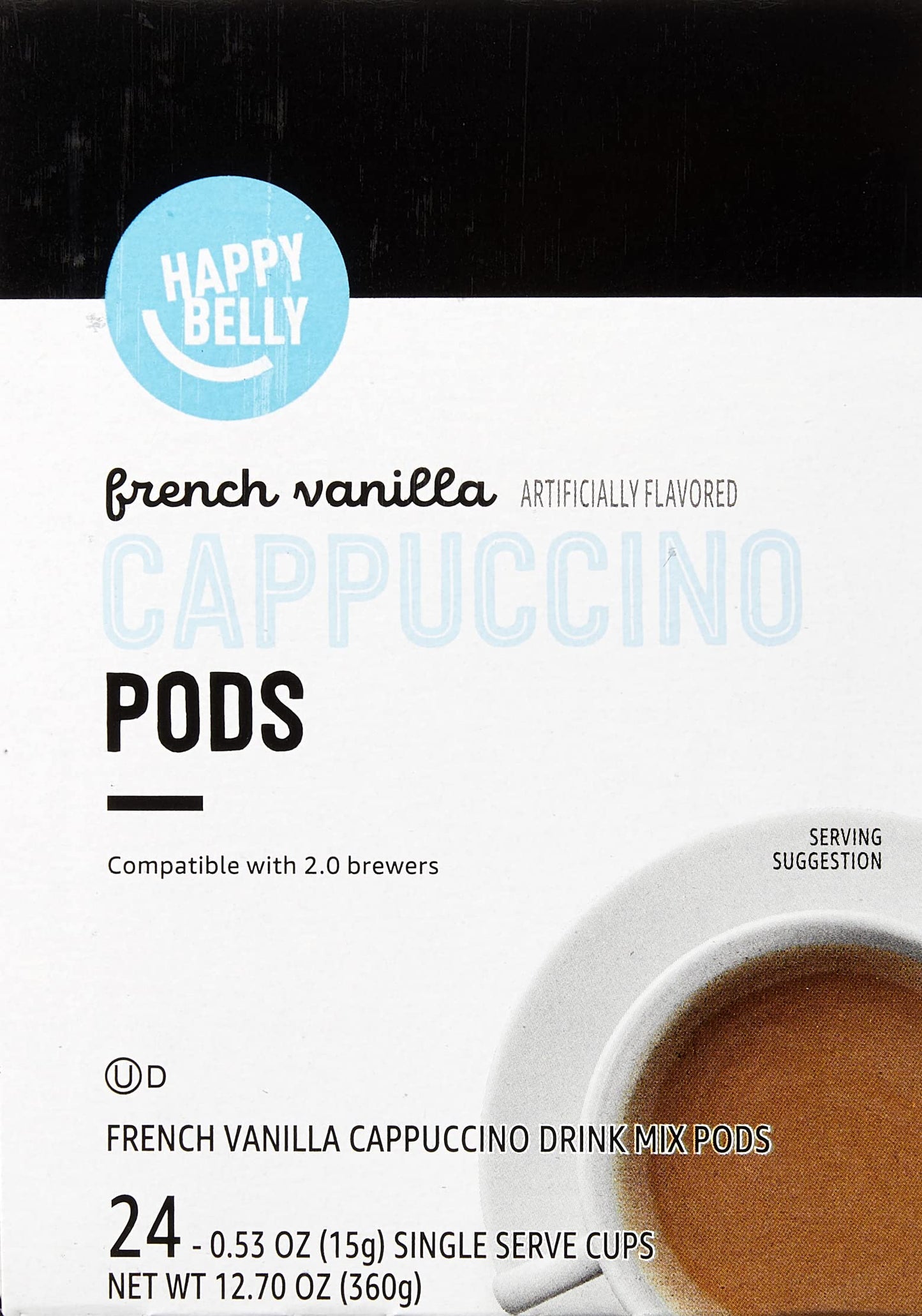 Happy Belly Cappuccino Coffee Pods, French Vanilla, Light Roast, 24 Count, 12.7 Ounce, Creamy Tan