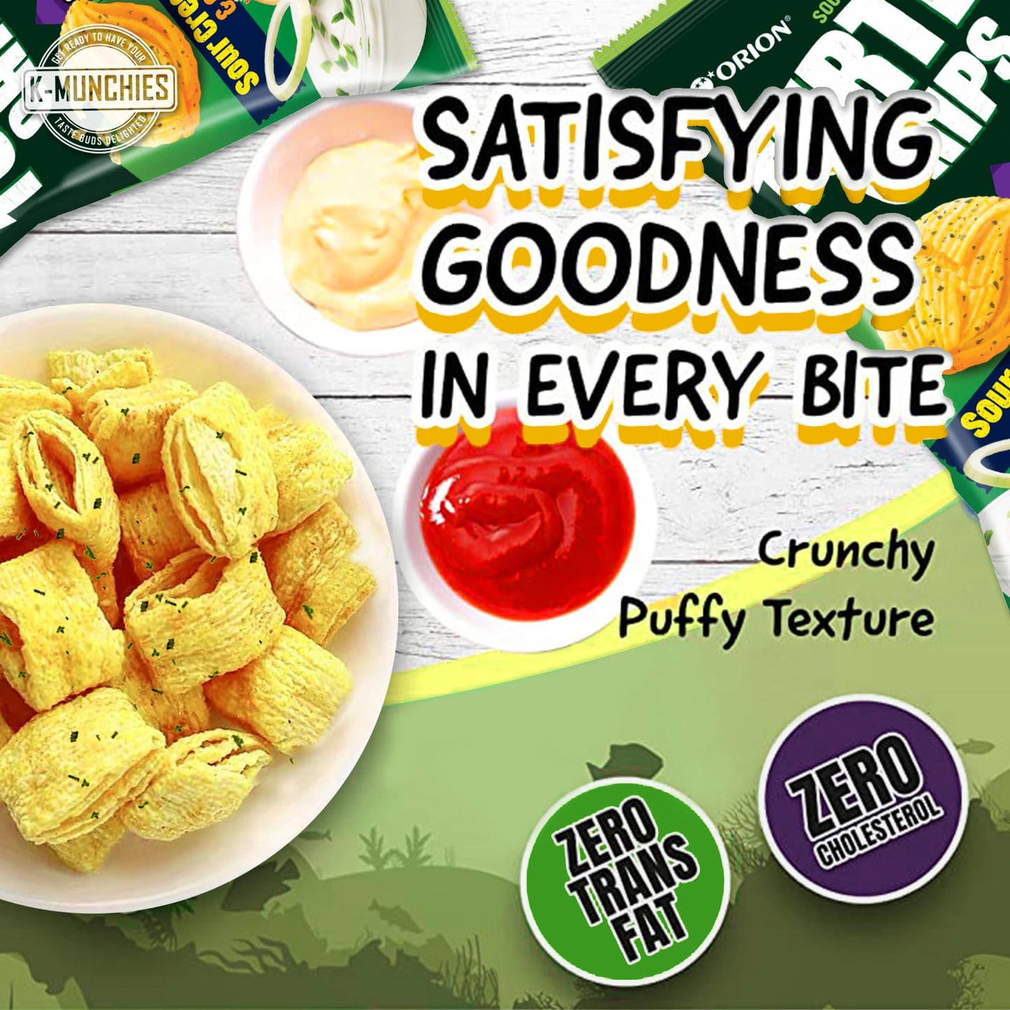 K-Munchies Orion Turtle Chips - Large 3 X 160-Gram Sour Cream And Onion Flavor Korean Chips - Big Bag, Party Size Tasty, Crispy