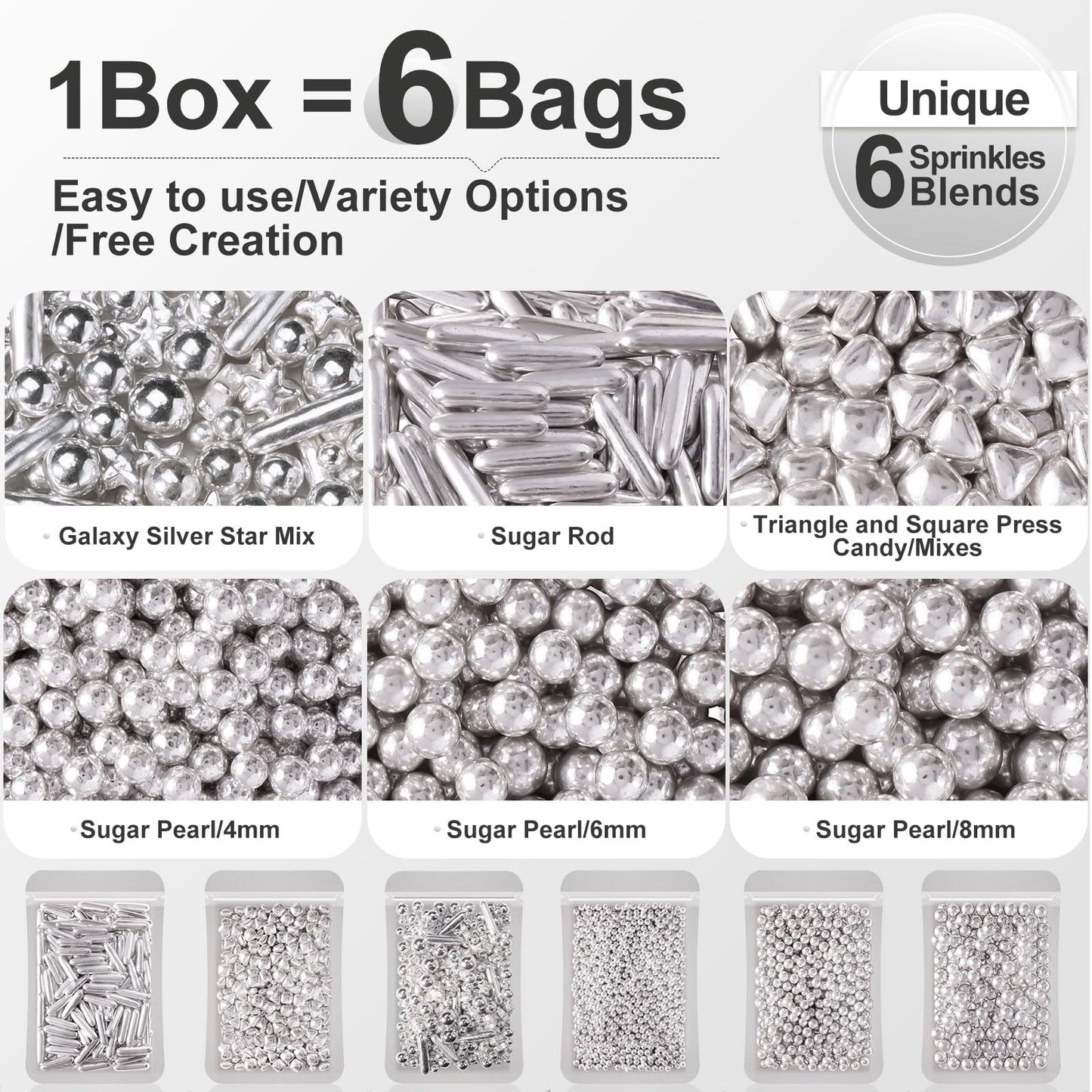 Huebeaty 6-in-1 Metallic Silver Cake Pearls Sprinkles, 180g - Silver Galaxy Star Sprinkles for Cake, Cupcakes, Cookies, Ice Cream