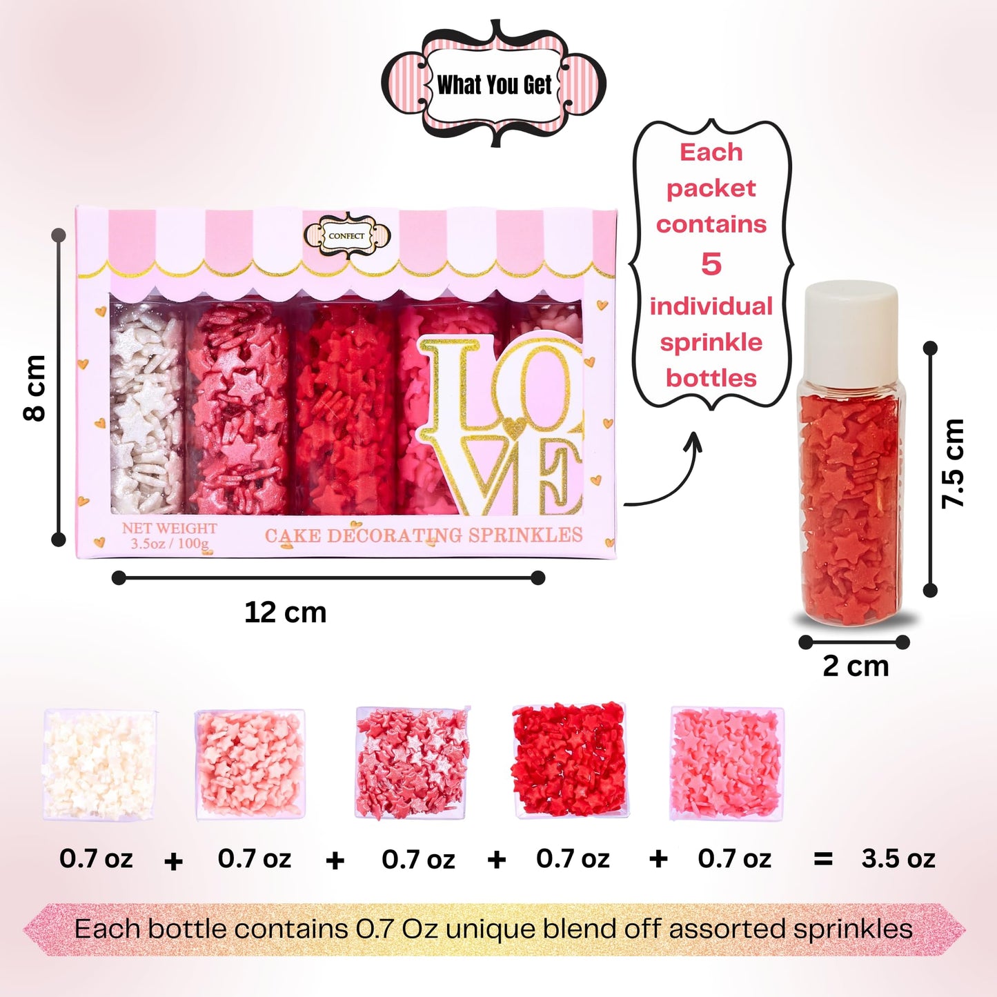 Confect Star Sprinkles | Sprinkle For Baking, Cookie & Cake Decorative | Baby Shower Sprinkles | Pink, White & Red Sprinkle | Ed