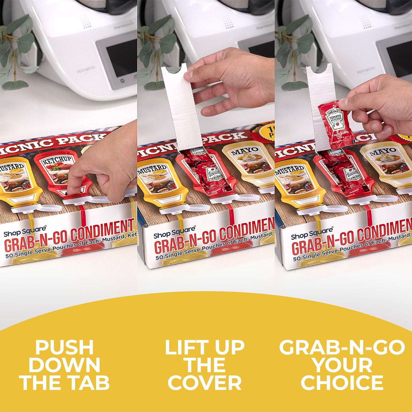 Shop Square Grab-n-Go Condiment Packs - Ketchup, Mustard, Mayo - 150 Count Dispenser Box for Picnics, BBQ, Travel, and Parties
