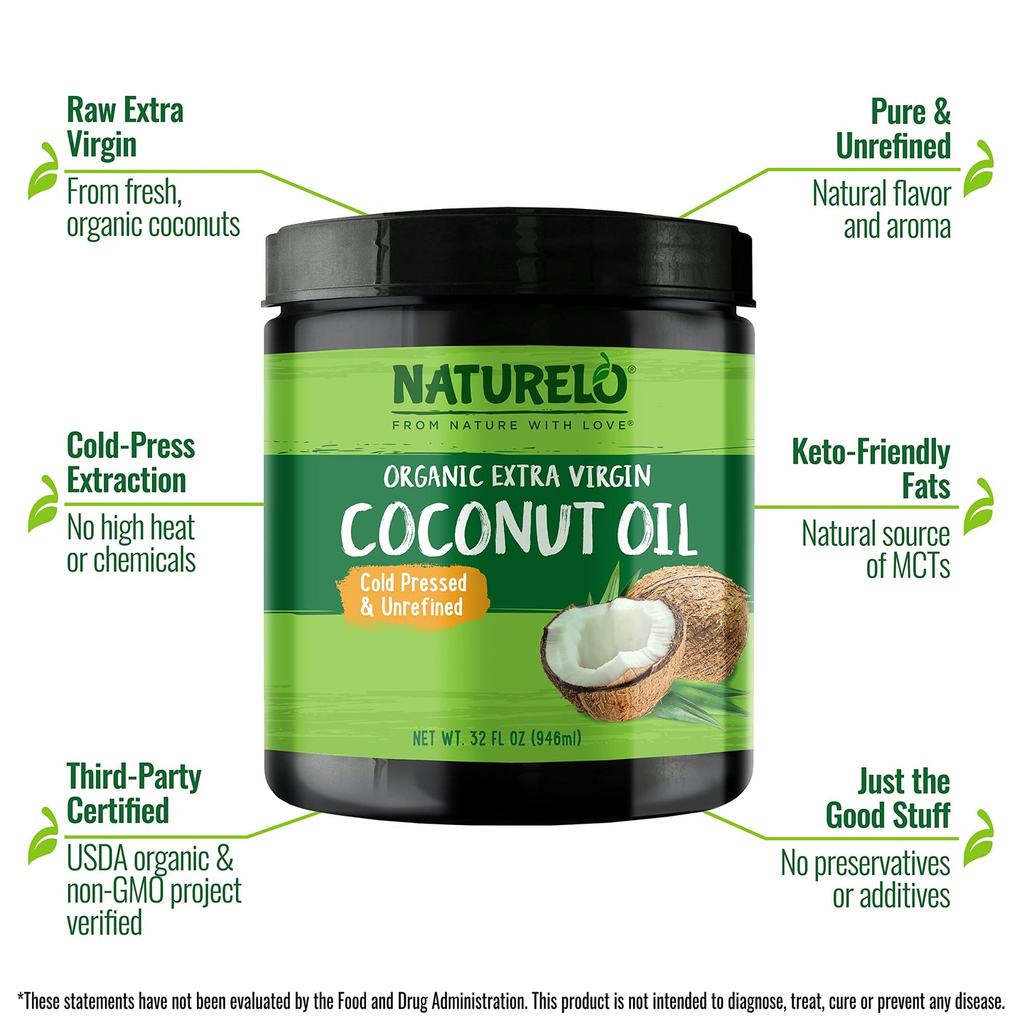 Naturelo Coconut Oil - Multi-Purpose Extra Virgin Coconut Oil For Skin, Organic Coconut Oil For Cooking, Unrefined Coconut Oil F