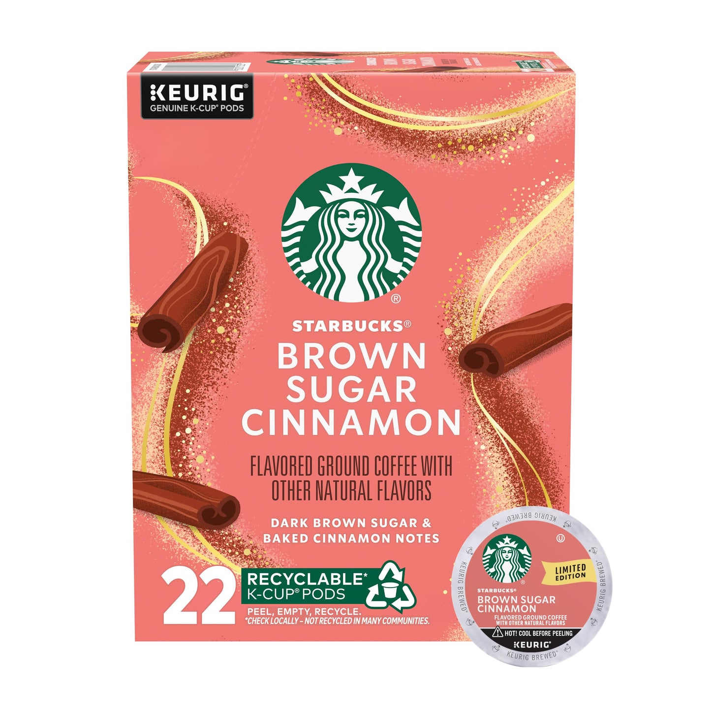 Starbucks K-Cup Coffee Pods, Brown Sugar Cinnamon Flavored Coffee for Keurig Coffee Makers, 100% Arabica, Limited Edition, 1 Box