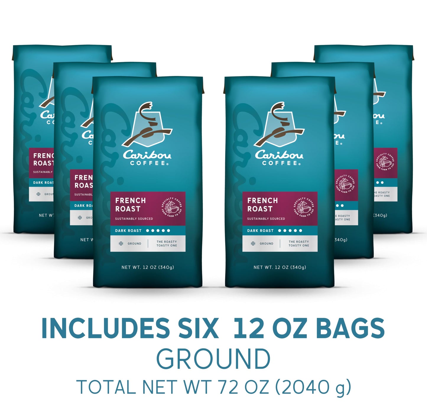 Caribou Coffee, Dark Roast Ground Coffee - French Roast 72 Ounces (6 Bags Of 12 Ounces)