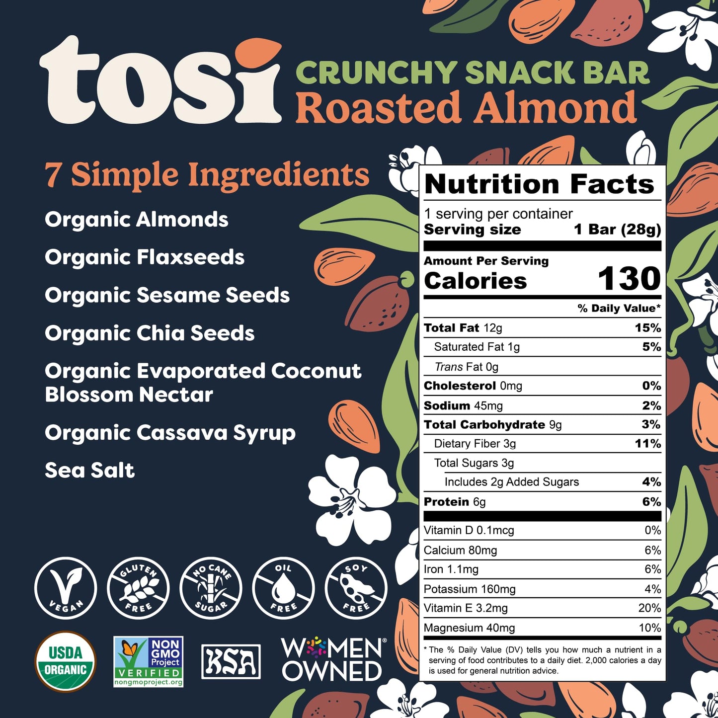 Tosi Almond Protein Bars, Plant-Based Vegan Snacks, Gluten-Free, 12 Count