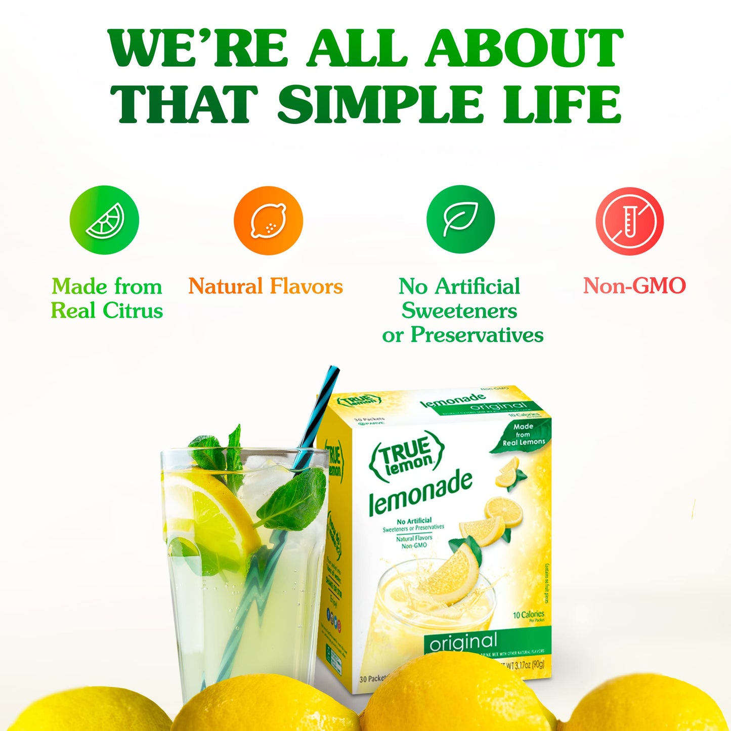 True Lemon Original Lemonade Drink Mix| Made From Real Lemon | No Preservatives, No Artificial Sweeteners, Gluten Free | Water Flavor Packets & Water Enhancer With Stevia 30 Count (Pack Of 1)