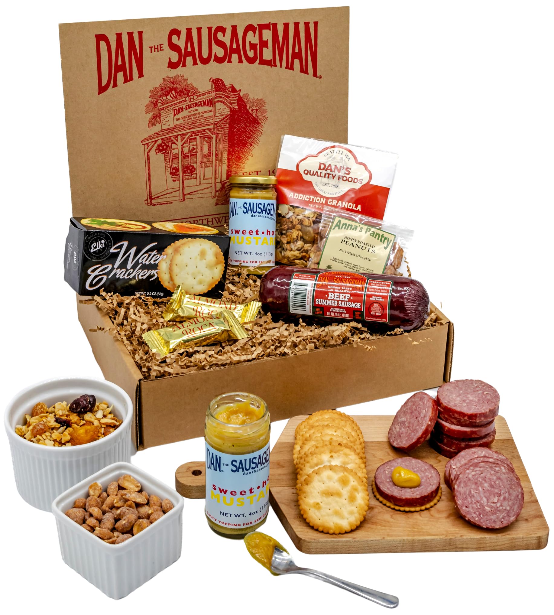 DAN THE SAUSAGEMAN Klondike Gourmet Meat Snack Box - 7 Piece Set with Summer Sausage, Mustard, Crackers, Nuts, Granola, Almond Roca
