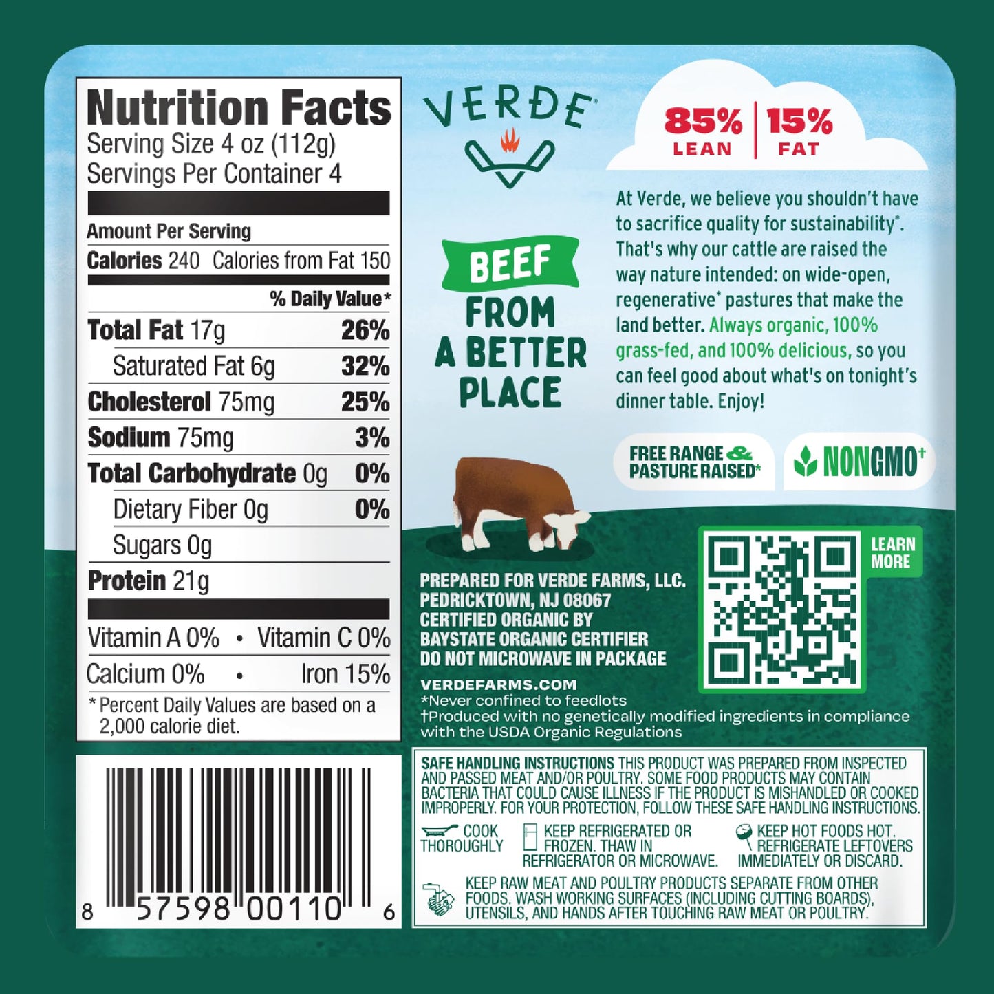 Verde Farms, Ground Beef 85% Lean/15% Fat, Organic, Grass-Fed, 1 lb