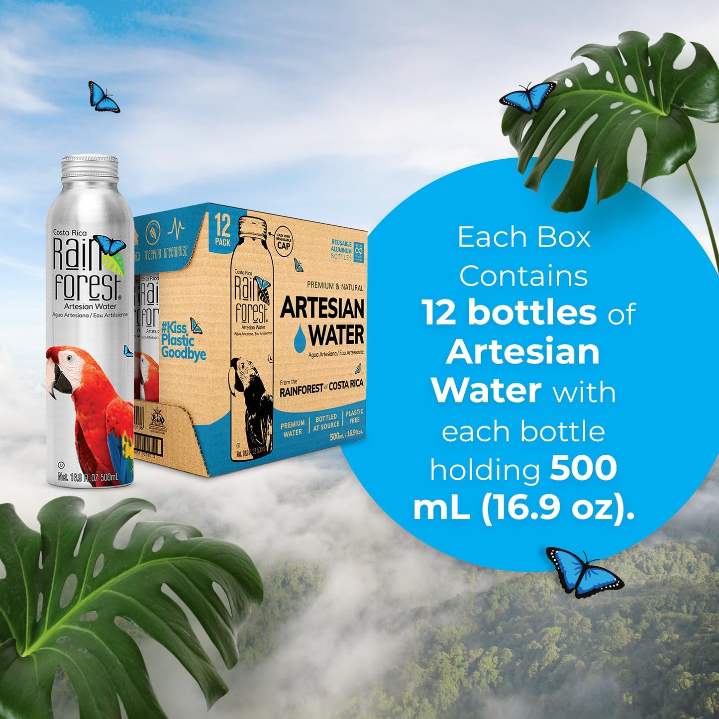 Rainforest Artesian Water  500mL Aluminum Bottles  Costa Rica enhanced Spring Water  Pallet of 88 Boxes - 1 056 Reusable Aluminum Bottles (500 ml / 16.9 oz Each) | Eco-Friendly & Sustainable Packaging