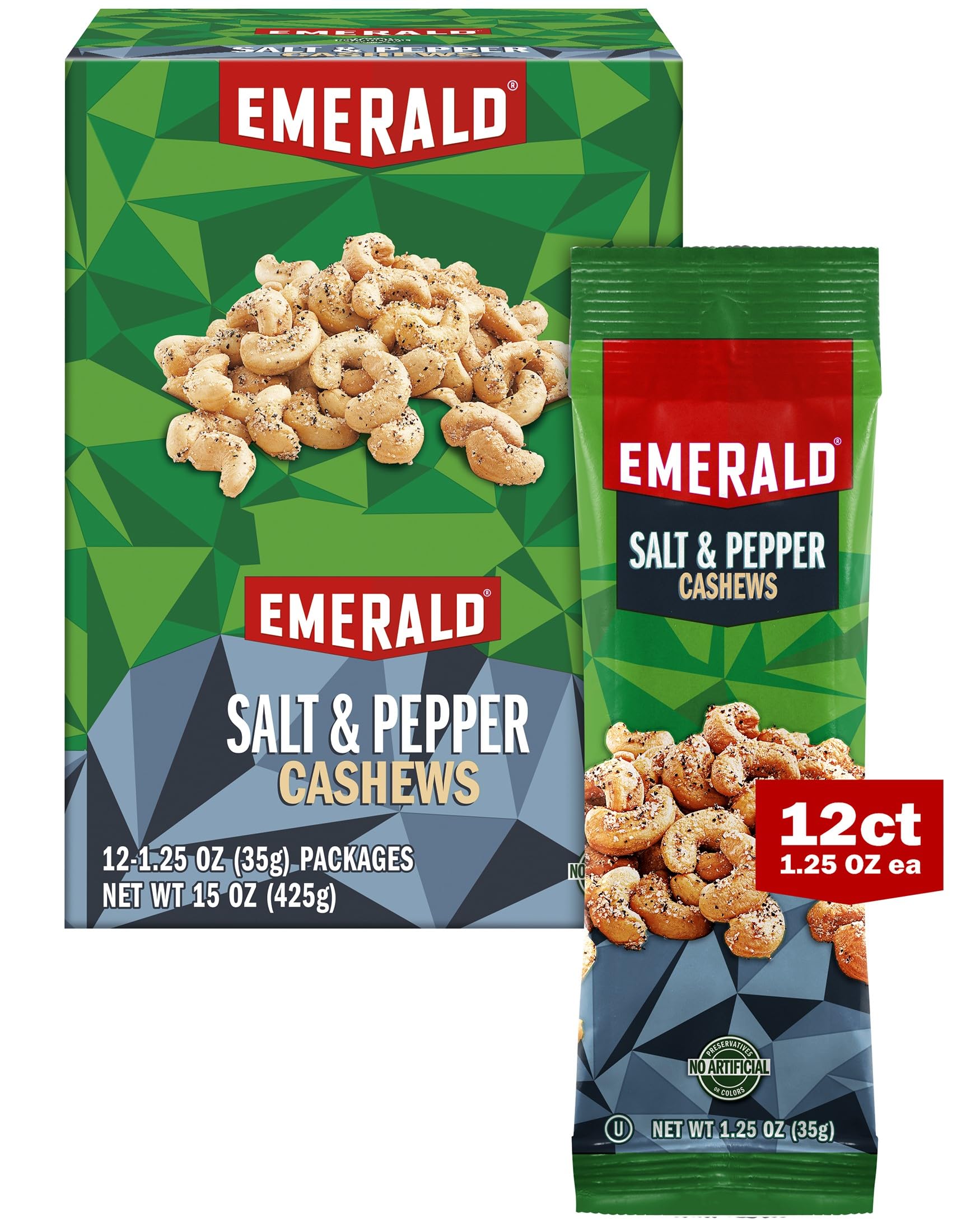 Emerald Nuts Salt And Pepper Seasoned Cashews 12 Ct (1-Pack) | 1.25 Oz Individual Snack Tubes | Kosher Certified, Non-Gmo, Contains No Artificial Preservatives, Flavors Or Synthetic Colors