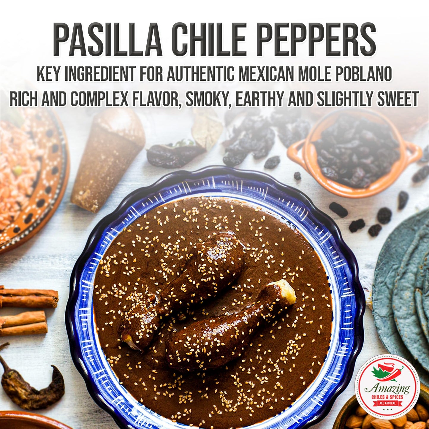 Pasilla Chiles Dried 4 Oz - Staple In Mexican Cooking: Moles, Sauces, Stews, Salsa. Mild Heat – Punget And Tangy Flavor. By Amazing Chiles & Spices