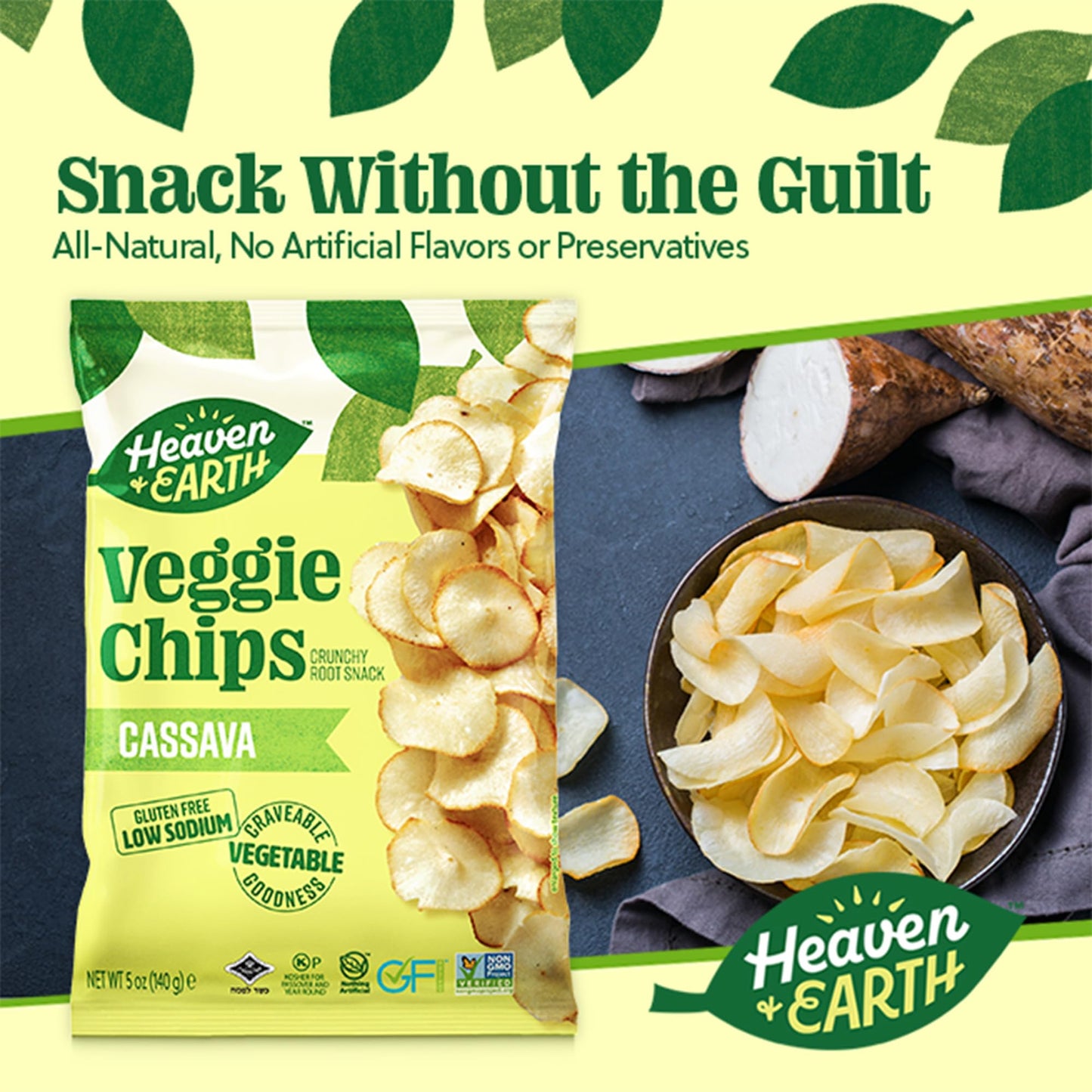 Heaven & Earth Cassava Chips, 5Oz (2 Pack) Gluten Free | Non Gmo | Low Sodium | Thin & Crisp Root Snack | Kosher