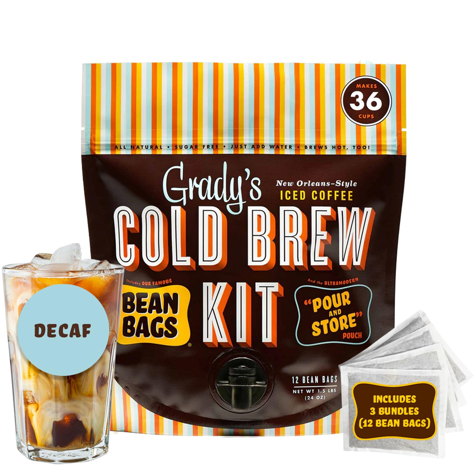 Gradys Cold Brew Decaf Coffee & Chicory Pouches, All-in-One Cold Brew Kit, 12 Bags, 0.08 Ounce Each, Cold Brew Coffee