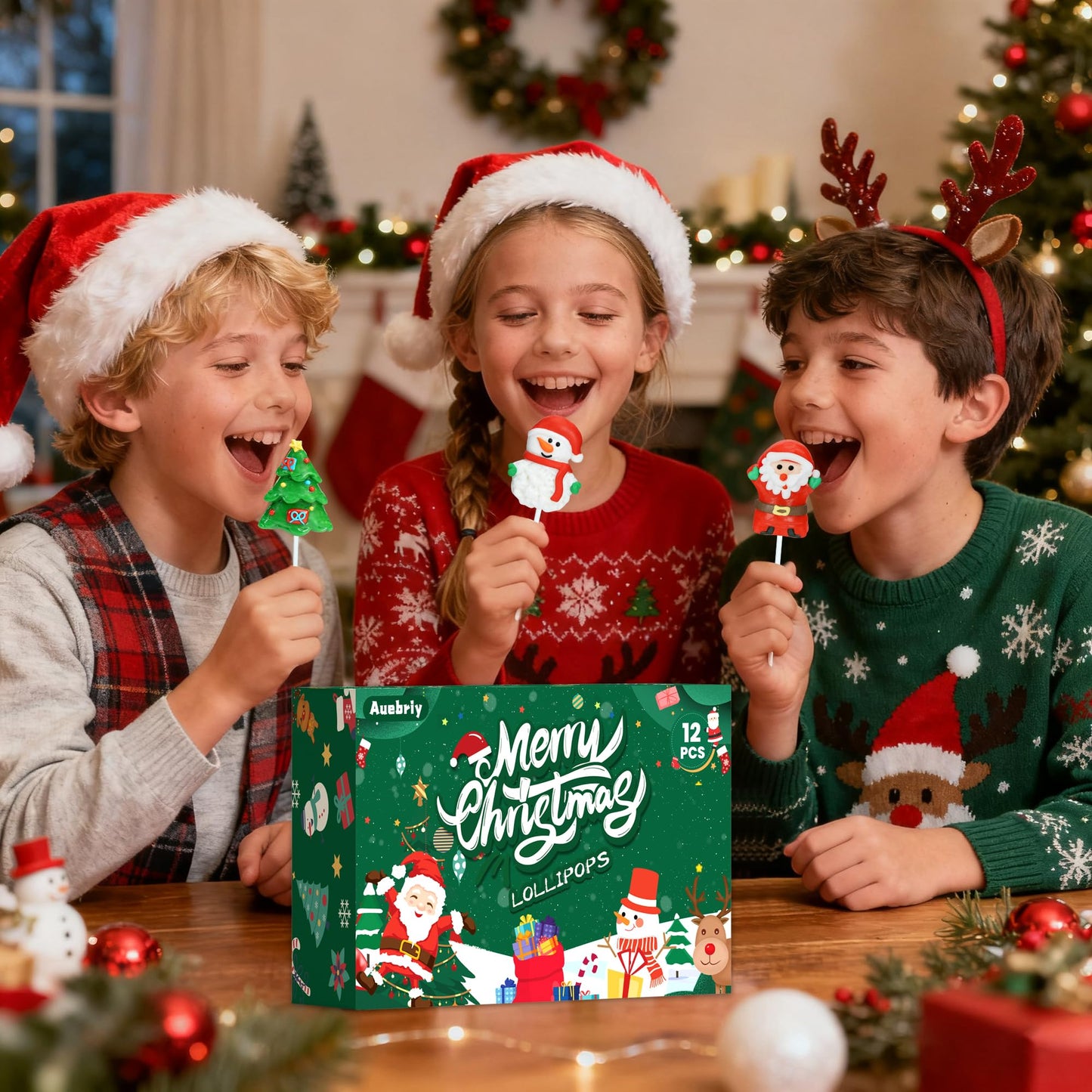 Auebriy Christmas Lollipops Suckers, 12 Count Fruit Flavored Christmas Candy Individually Wrapped Bulk With Gift Box, Snowman Candies, Holiday Themed Candy Gift Stocking Stuffers, Party Favors