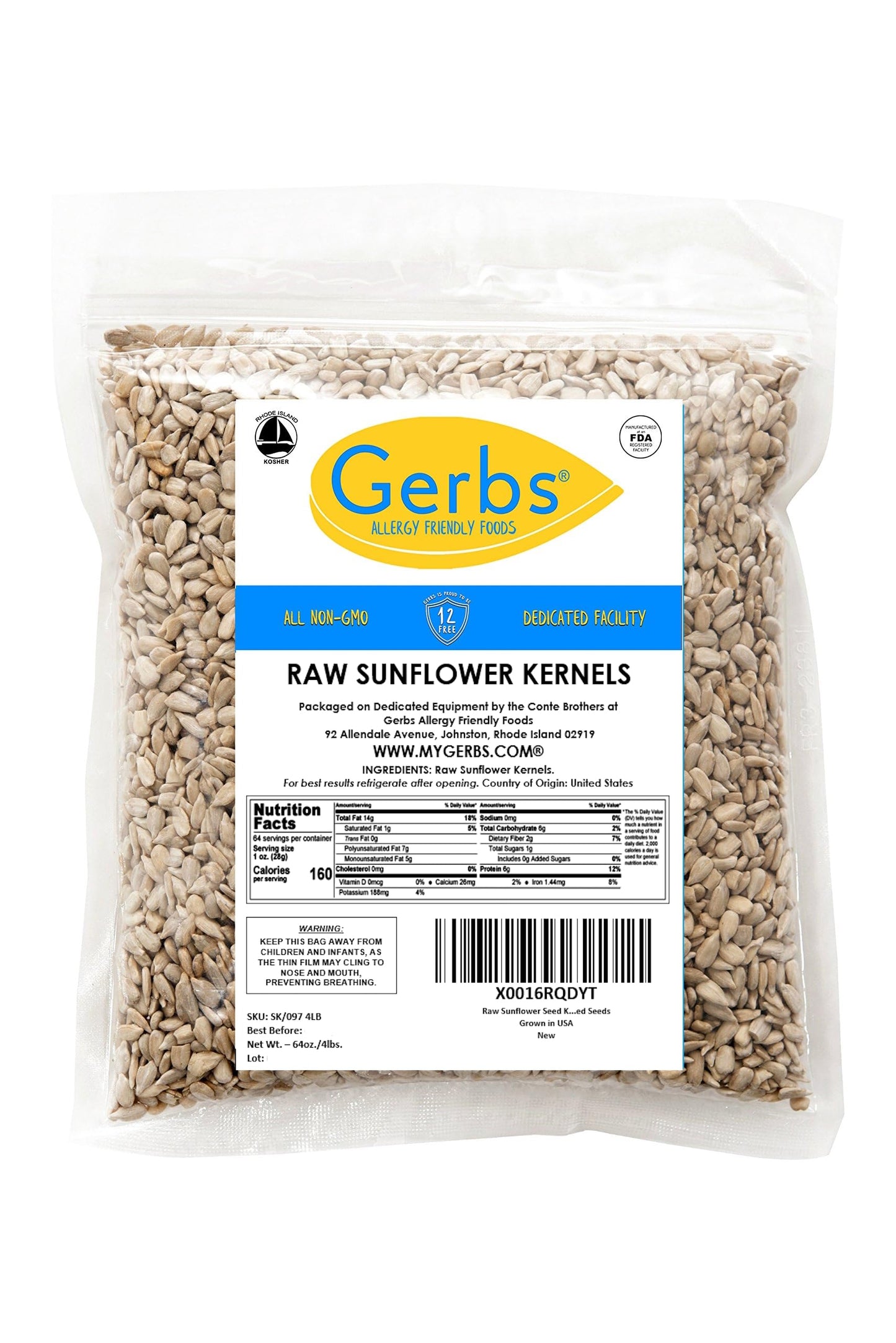 Gerbs Raw Sunflower Seed Kernels 4 Lbs. Zipper Bag | Top 14 Allergn Free | Use In Salads, Yogurt, Cereal, Oatmeal, Trail Mix | Grown In United States