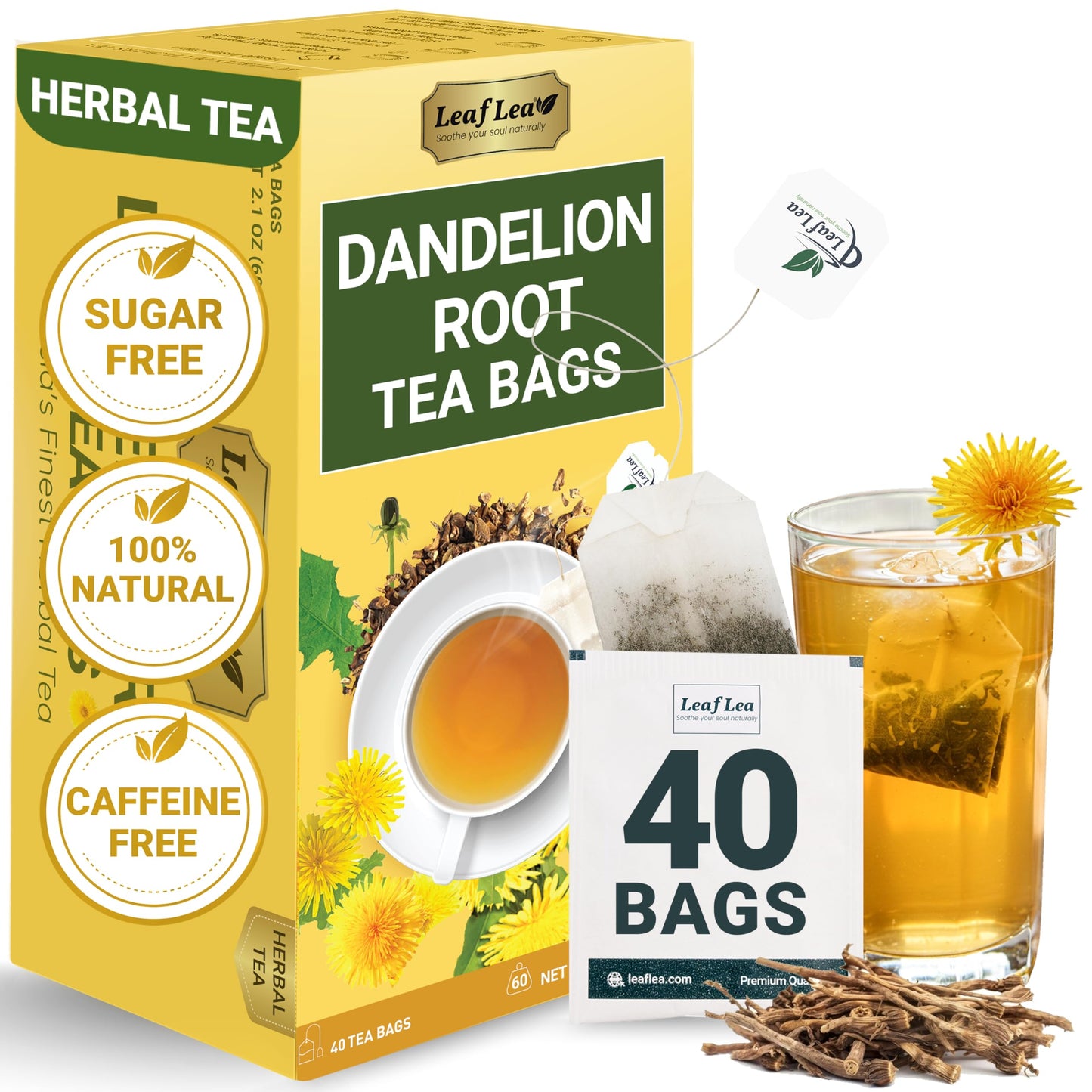 LeafLea Dandelion Root Tea Bags, 100% Natural, Caffeine-Free, Vegan, 40 Tea Bags (Pack of 1)