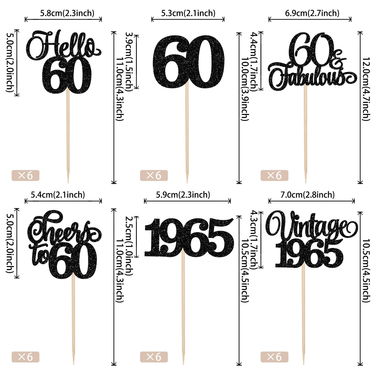 Rssta i Cupcake Toppers - Vintage 1965 Glitter Picks for 60th Birthday Party - Black Paper - 24 Pack