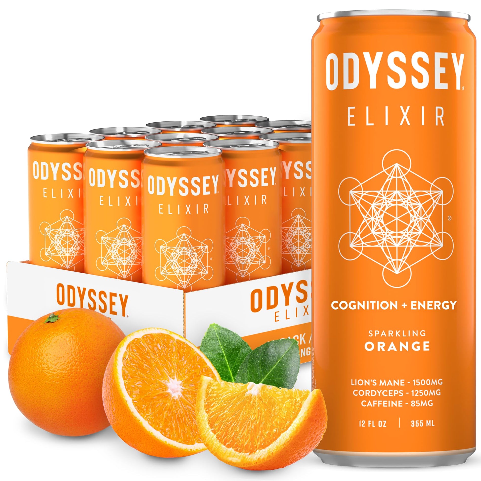 ODYSSEY ELIXIR Cognition Drink - Lions Mane, Cordyceps, Ginseng, 85mg Caffeine - 12 Fl oz, 12 Pack - Orange