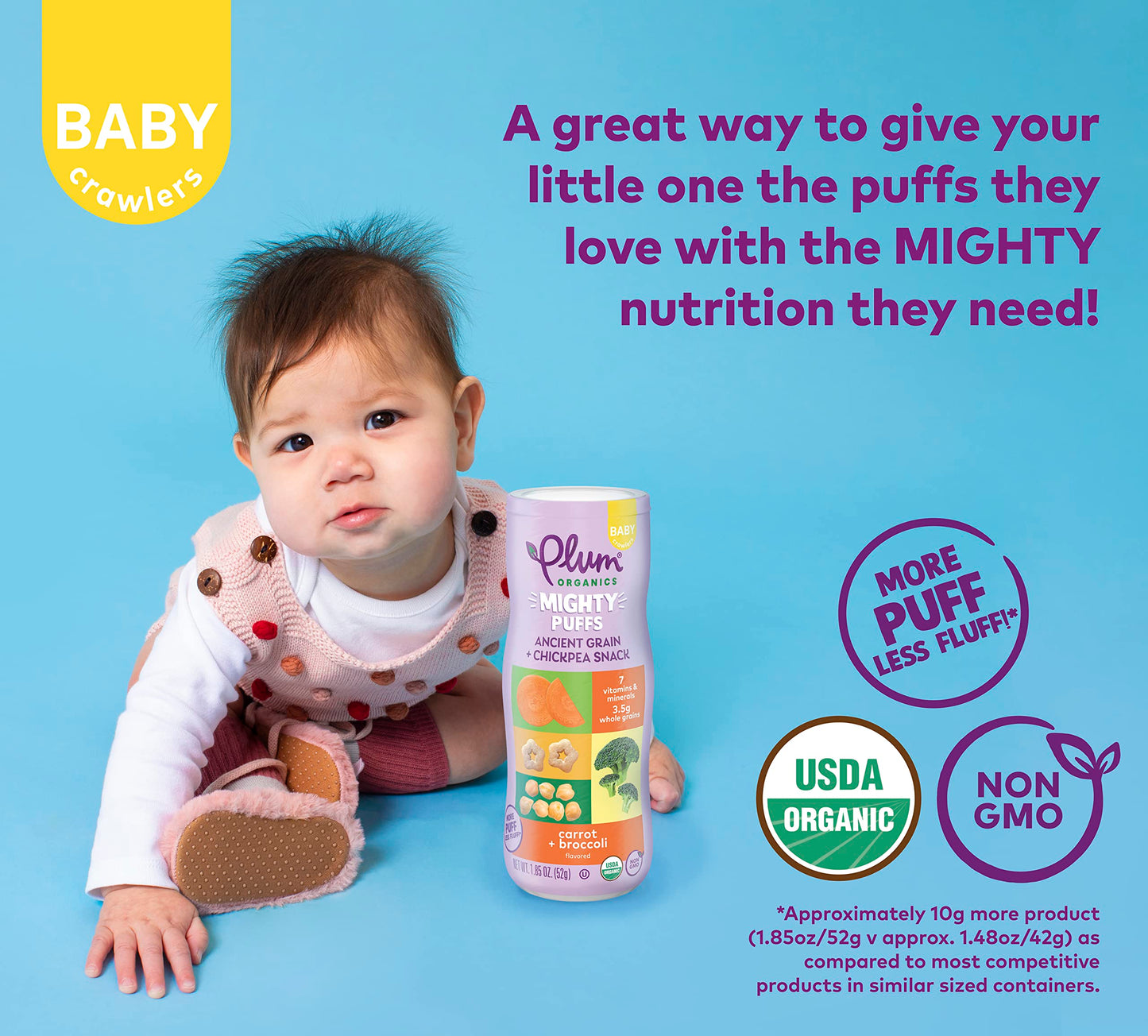 Plum Organics Mighty Puffs Organic Baby Food - Carrot And Broccoli - 1.85 Oz Canister (Pack Of 6) - Ancient Grains And Chickpea