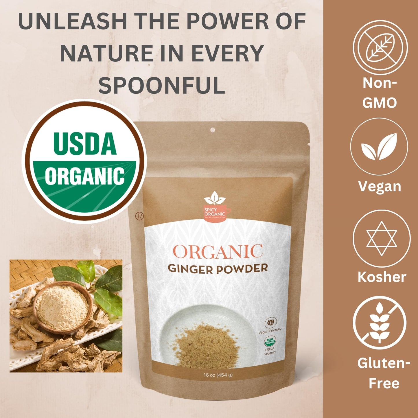 Spicy Organic Ginger Root Powder - 4 Oz. - Freshly Ground From Raw, Indian Ginger, Dried Spice For Baking, Beverages And Cooking