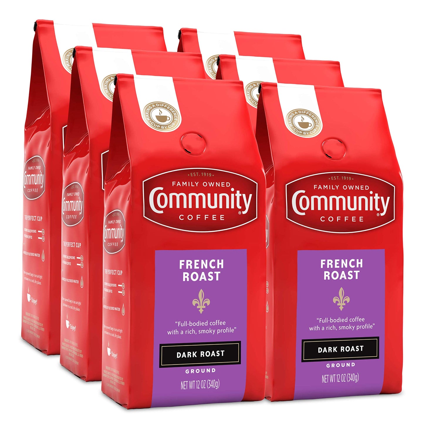 Community Coffee French Roast Ground Coffee, Extra Dark Roast, 12 Ounce Bag, Pack of 6, Red