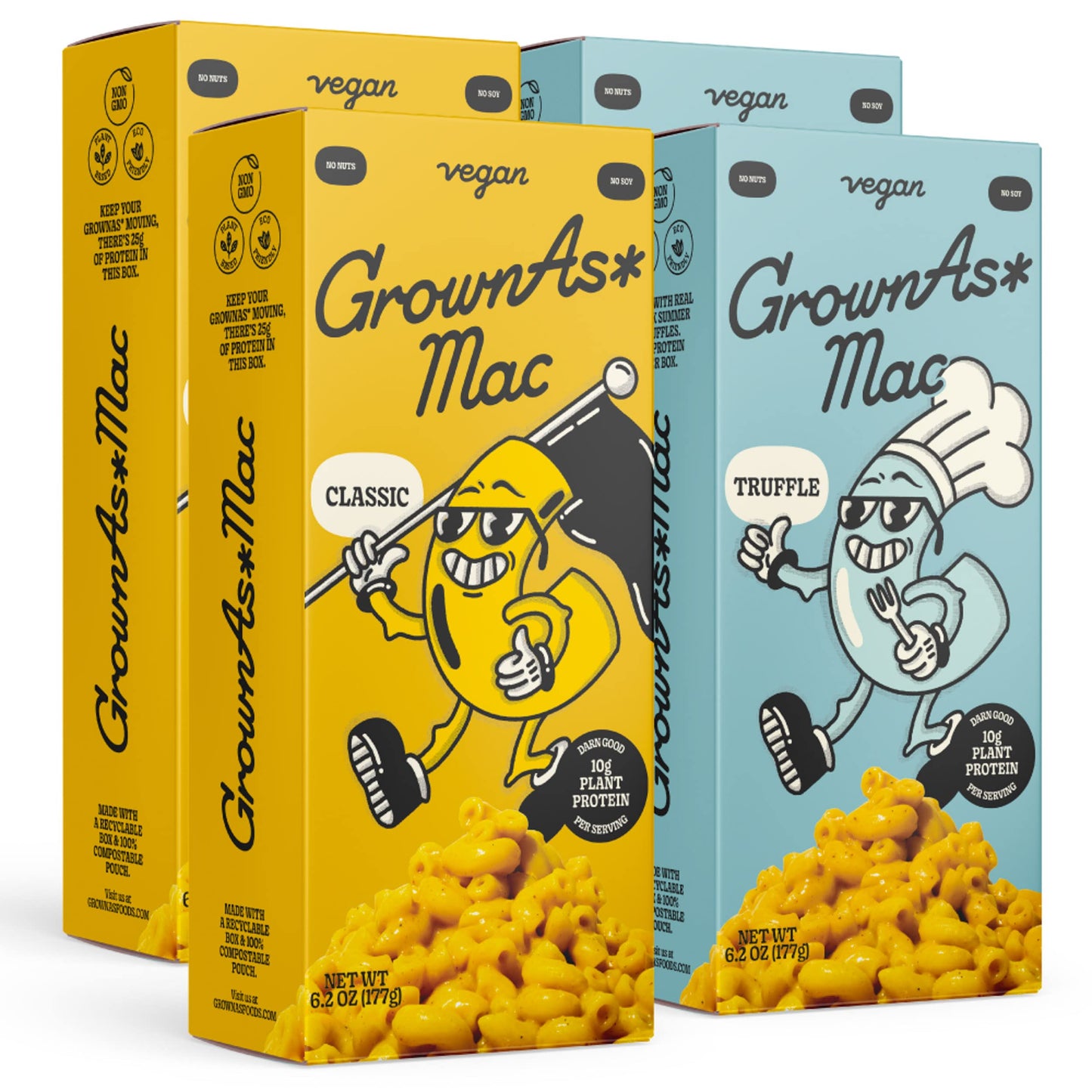 GrownAs Vegan Mac & Cheese Variety 4 Pack - 25g Protein, Dairy Free, Easy to Prepare, Non-GMO