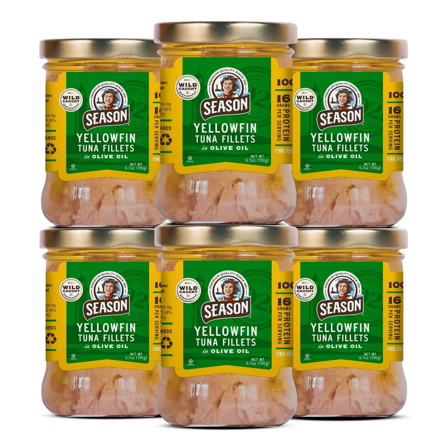 SEASON Yellowfin Tuna Fillets in Olive Oil, Wild Caught, 16g Protein, 6.7 Oz (Pack of 6)