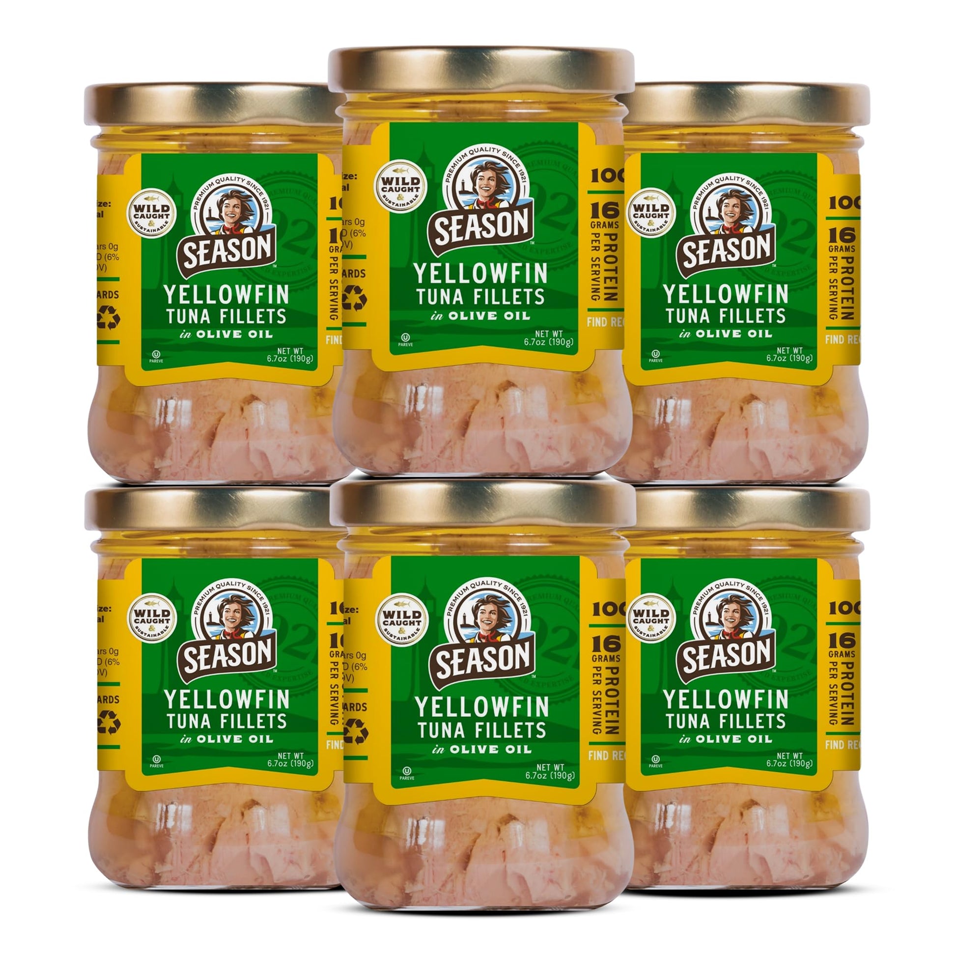 SEASON Yellowfin Tuna Fillets in Olive Oil, Wild Caught, 16g Protein, 6.7 Oz (Pack of 6)