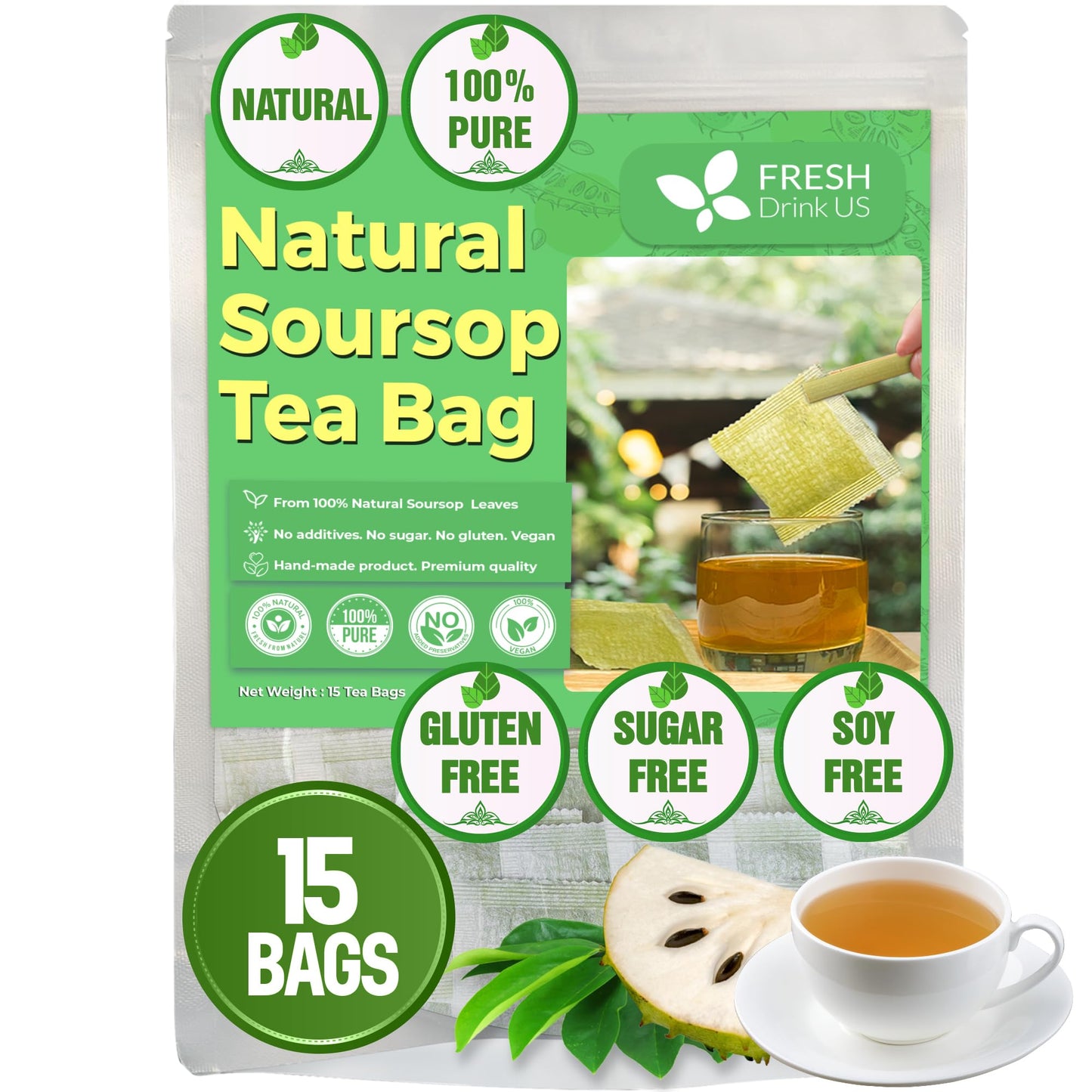 FRESHDRINKUS Soursop Graviola Leaf Tea Bags, 100% Natural, 15 Count, Handmade, Sugar/Caffeine/Gluten Free